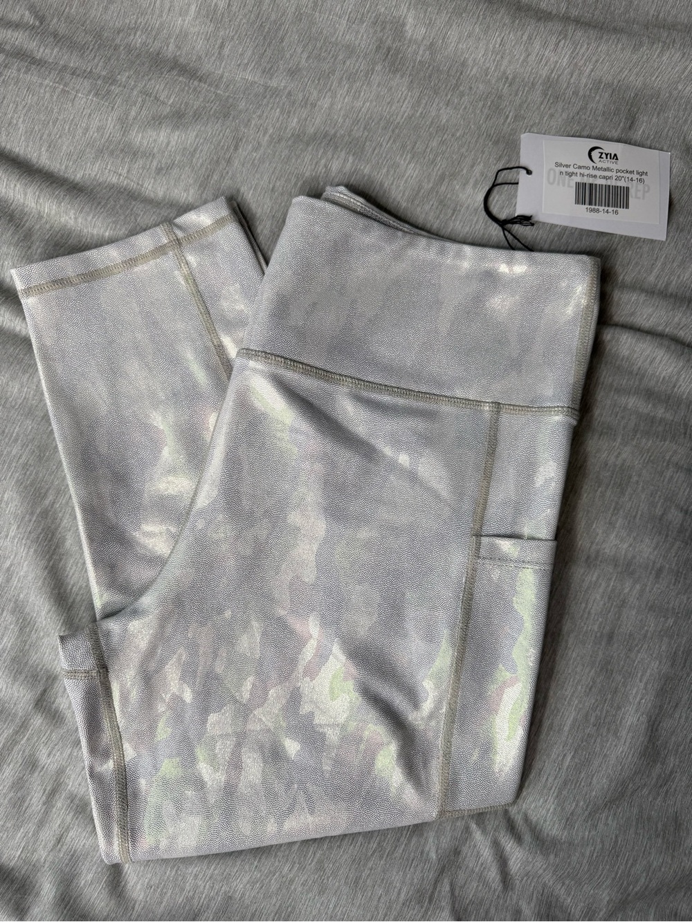 ZYIA Silver Metallic Women’s Camo Hi-rise capri Leggings with Side Pocket